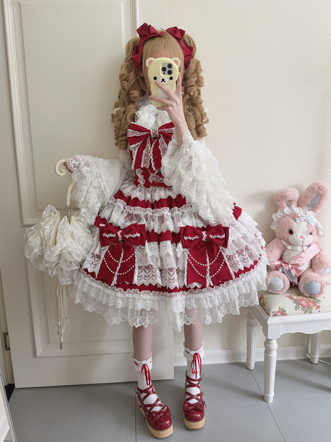 Hanguliang - Cross Heart Knot - Sweet Lolita JSK Suit Tiered Ruffles Dress, Lace Blouse