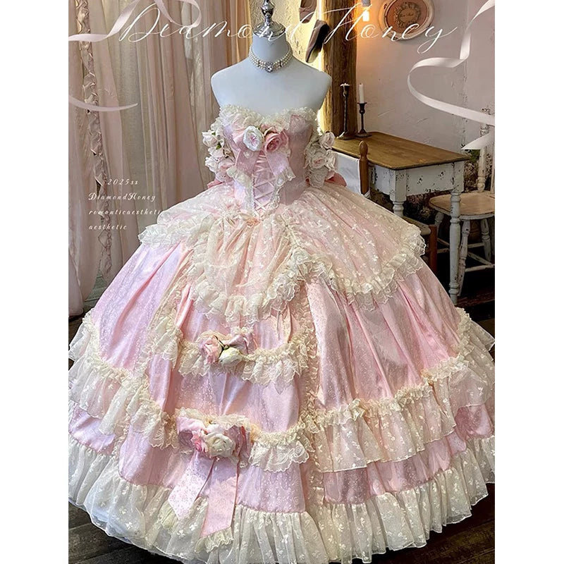 Flora Muse - Floral Lolita Ball Gown - Pink strapless