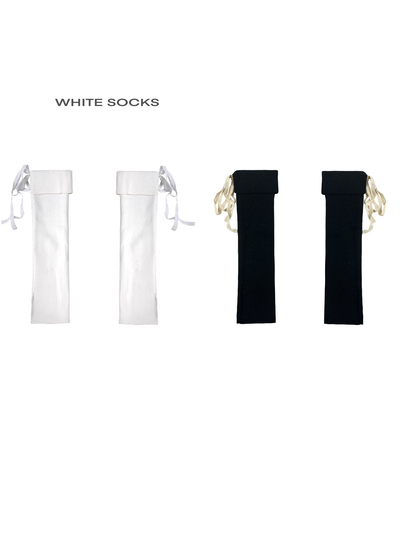 White Socks - Ballet Ribbon - Rib-Knit Calf Socks with Folded Cuffs and Ribbon Ties
