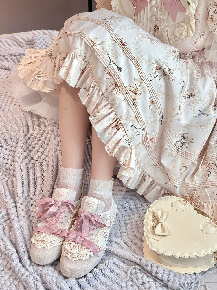 Sheep Puff Lace Cake Lo-Run Lolita Sneakers featuring white lace details and cute sheep puff accents.
