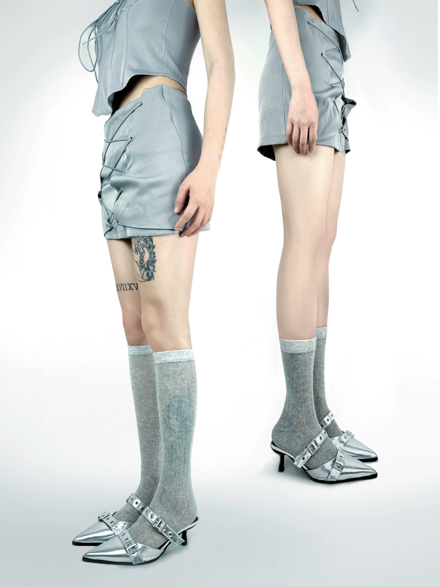 White Socks - Vertical Stripe - Ribbed Calf Socks with Slouch Folds
