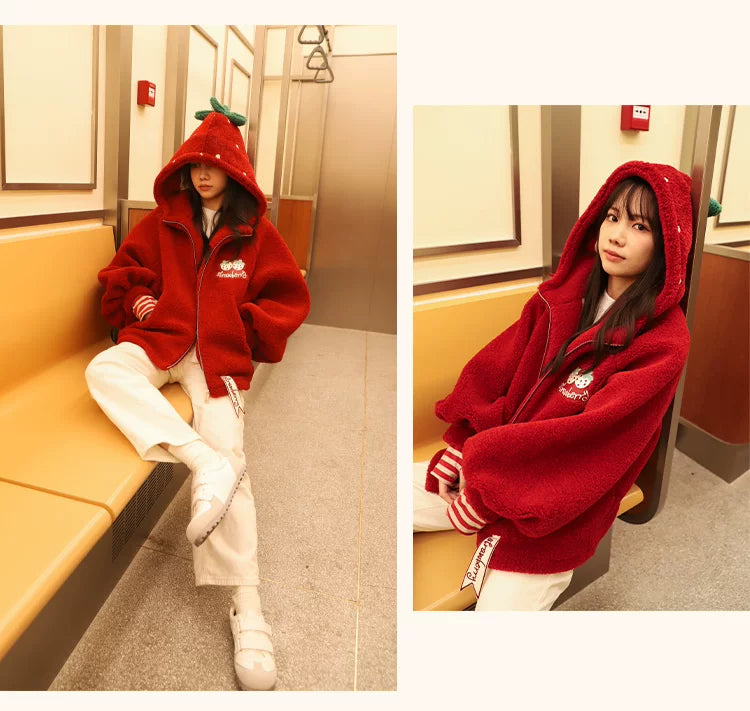 Baozi Pig - Strawberry Head - Plush Hooded Jacket with Strawberry Embroidery
