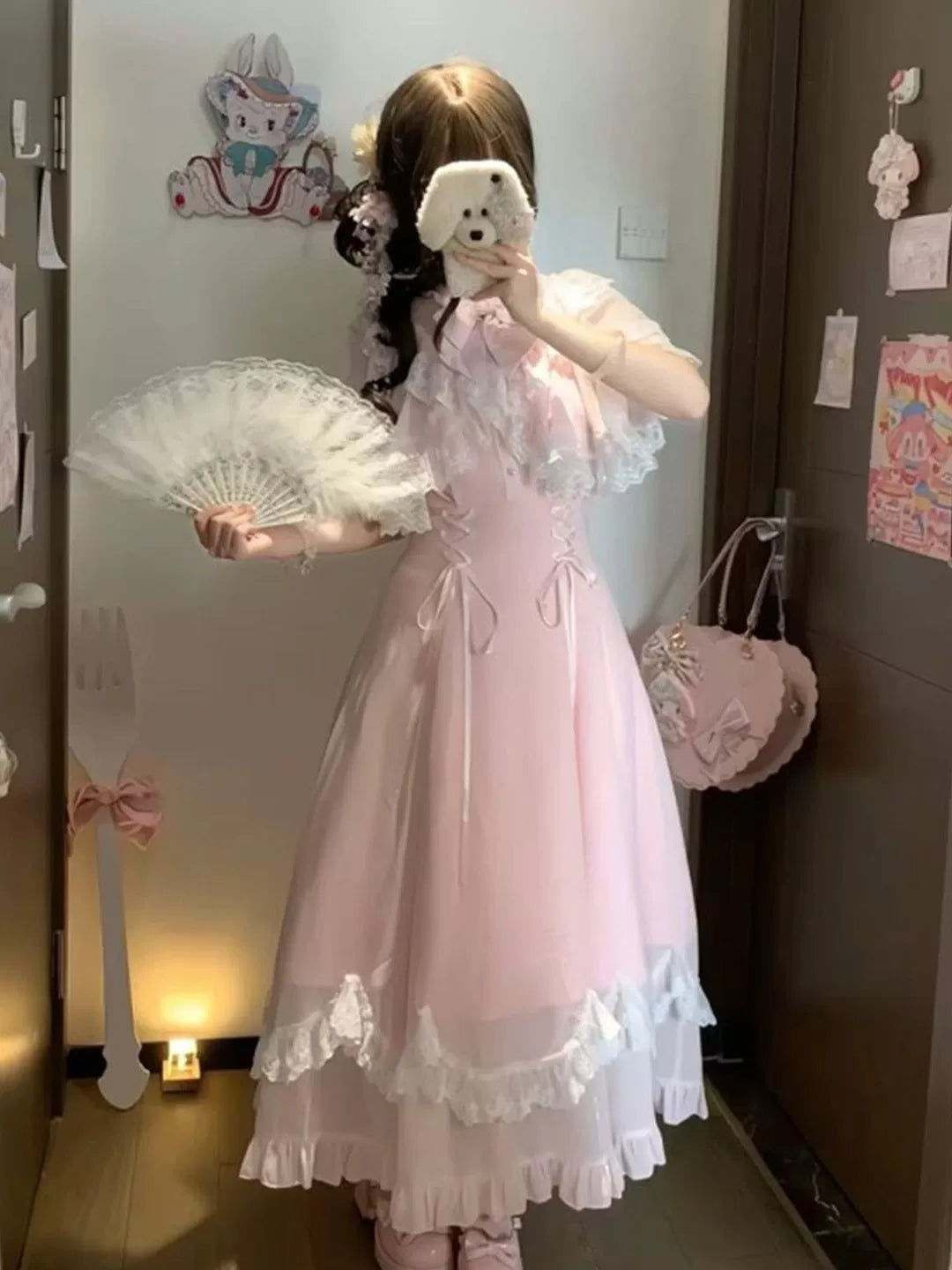 Creamy - Pink Ruffle Hem - OP Dress with Lace Capelet and Waist Bows