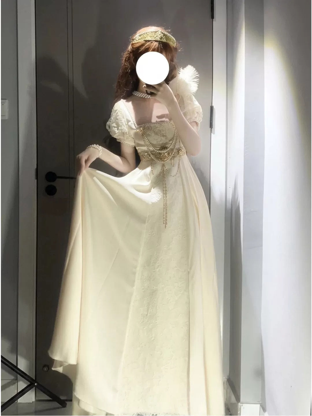 Creamy - Golden Empire - Embossed Acetate-Satin Lolita Dress with Shawl