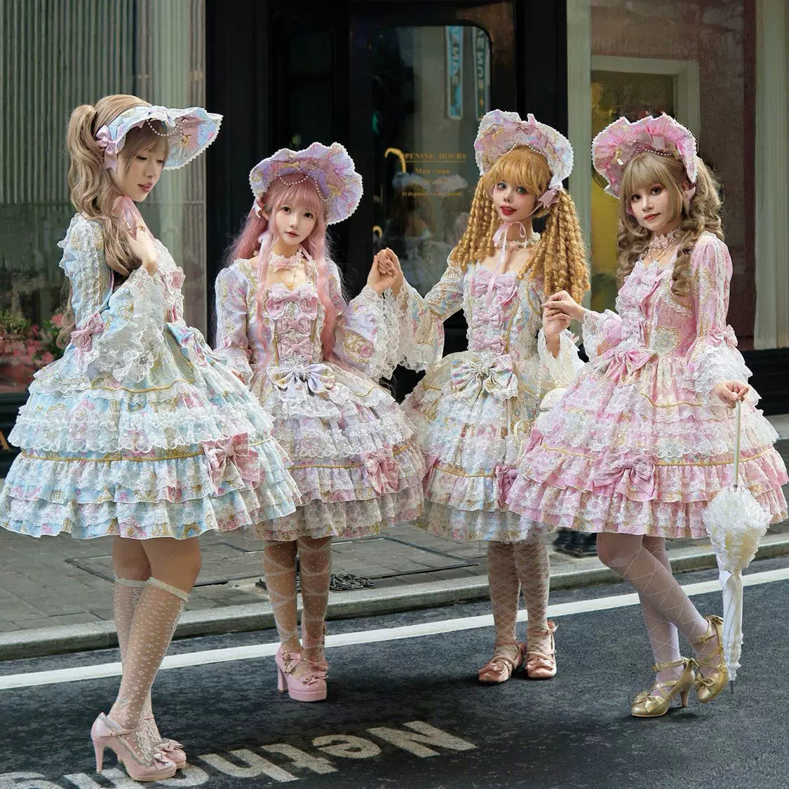 Lady Han Sweet OP dress by Lolita Fetch featuring a pastel-colored, elegant candelabra chapter design with lace and ribbon details.