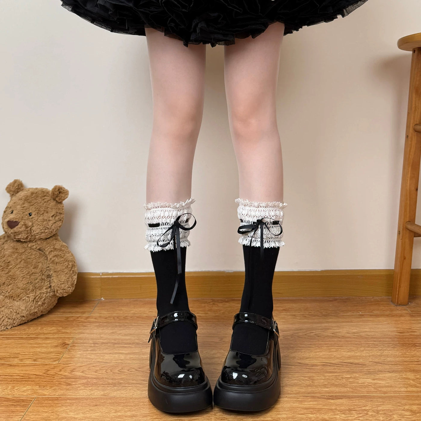 Chubby Bear Tales - Ribbon Lace-Up - Lace-Trimmed Socks with Ribbon Ties