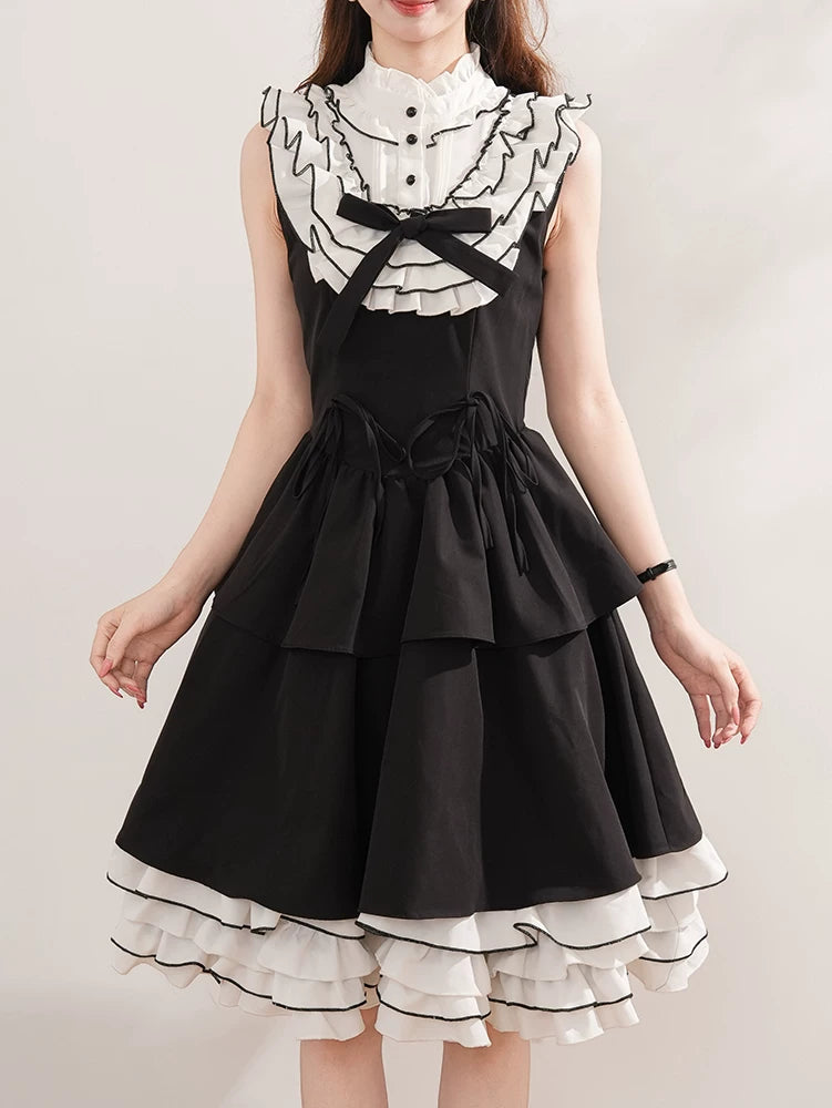 Miyou - Monochrome Polka-Dot Ruffle - Black-and-White Polka-Dot Paneled JSK Dress with Layered Ruffles