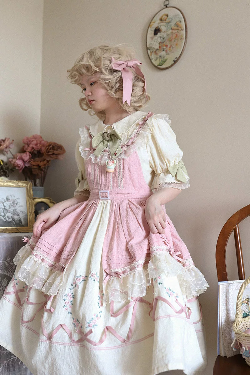 Baozi Pig - Rose Tea Garden - Cotton Floral Embroidery OP Dress