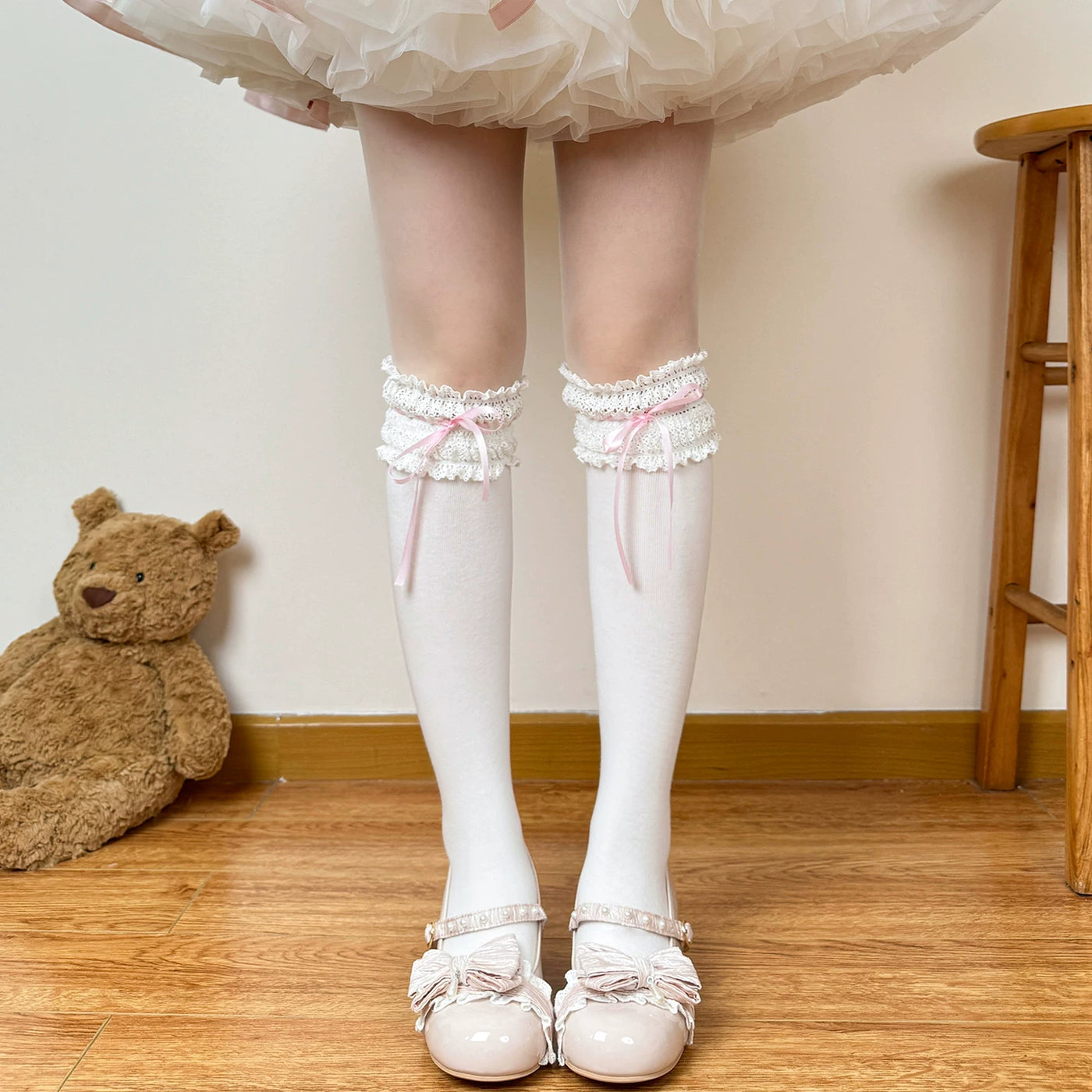 Chubby Bear Tales - Chocolate Doll - Lolita Socks with Lace Cuffs and Ribbon Ties