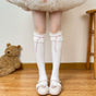 White socks with pink ribbon, calf socks / One Size