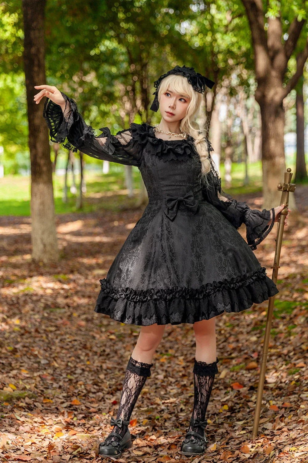 Infanta - Canon Of Floral Melody - Gothic Lolita Black JSK Dress, Jacquard Pattern