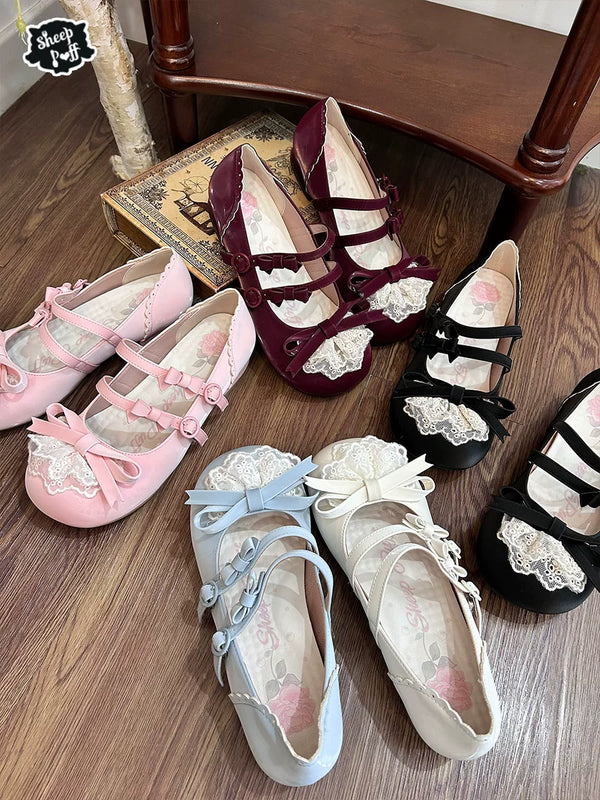 Sheep Puff Lace Bun Lolita Shoes featuring lace-up design, bow accents, and classic doll-style shoes in a charming, vintage-inspired look.