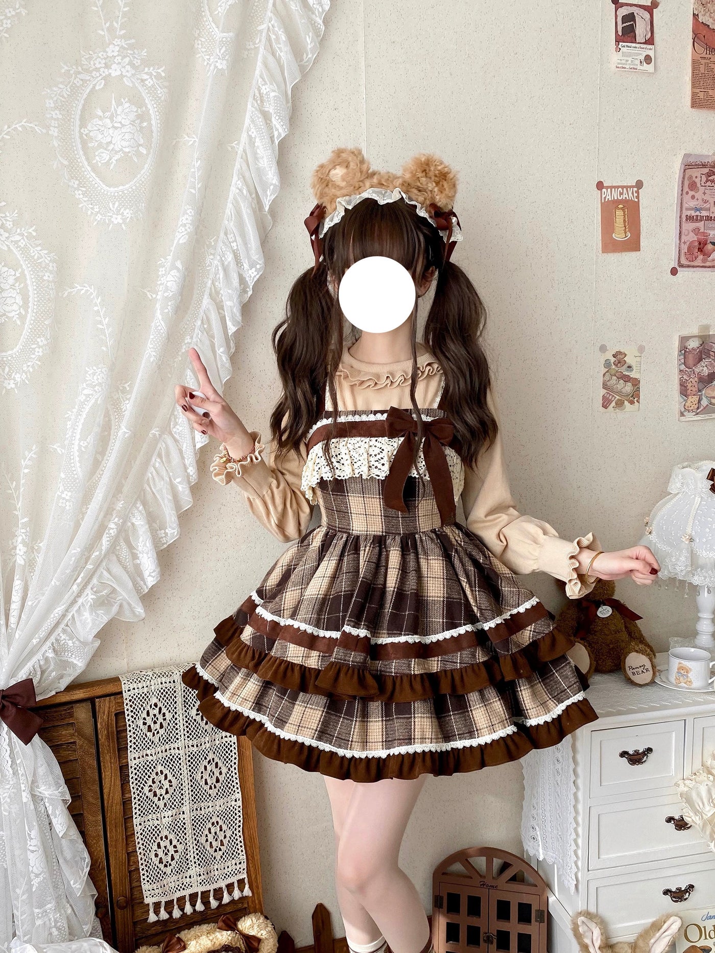 Qianmu - Caramel Cocoa - Sweet Lolita JSK Plaid Design Autumn and Winter Dress