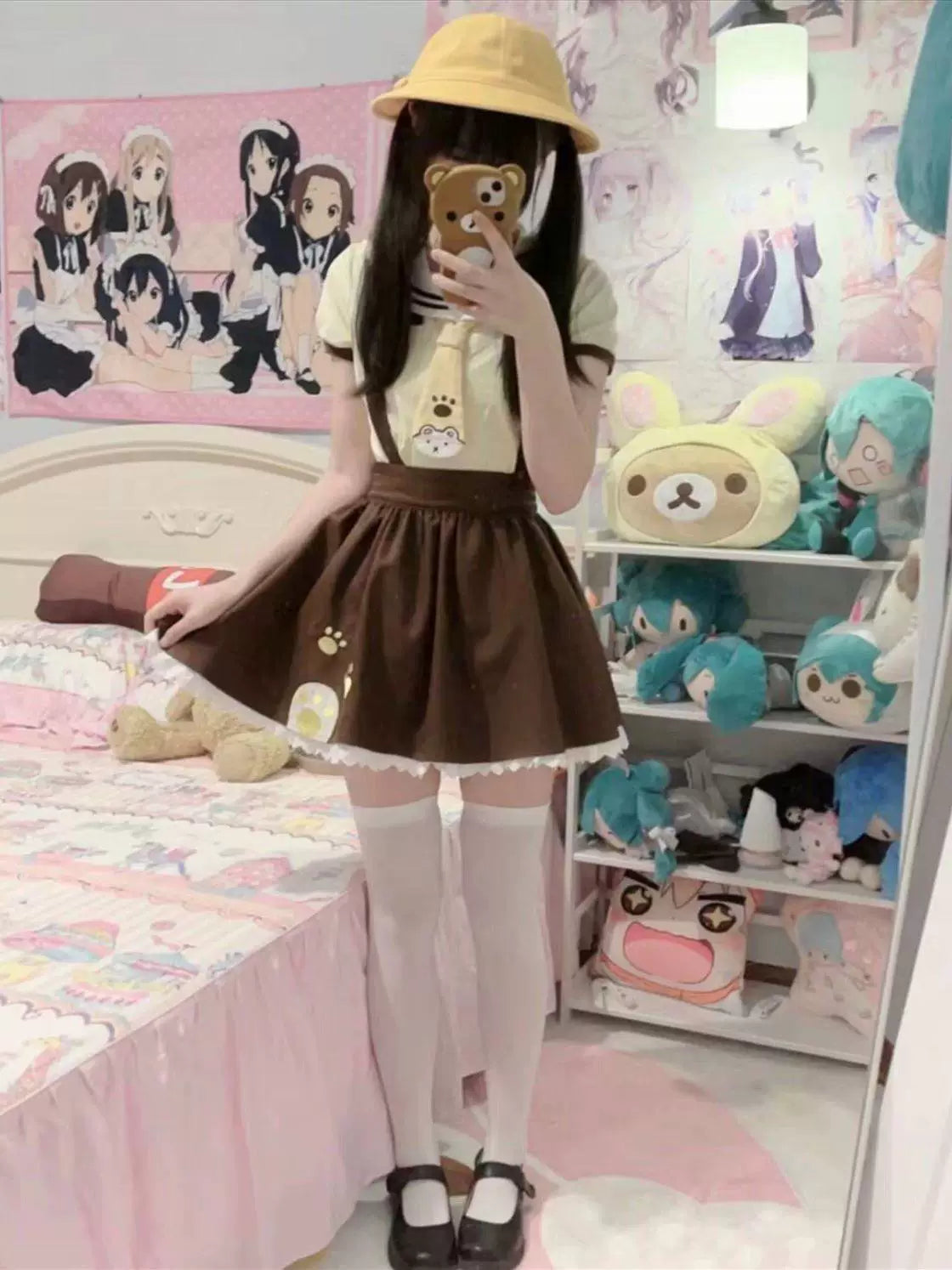 Sweetheart Dream Machine - White Bear Student - JSK Set with a Yellow Sailor Top and Coffee-Brown Suspender Skirt