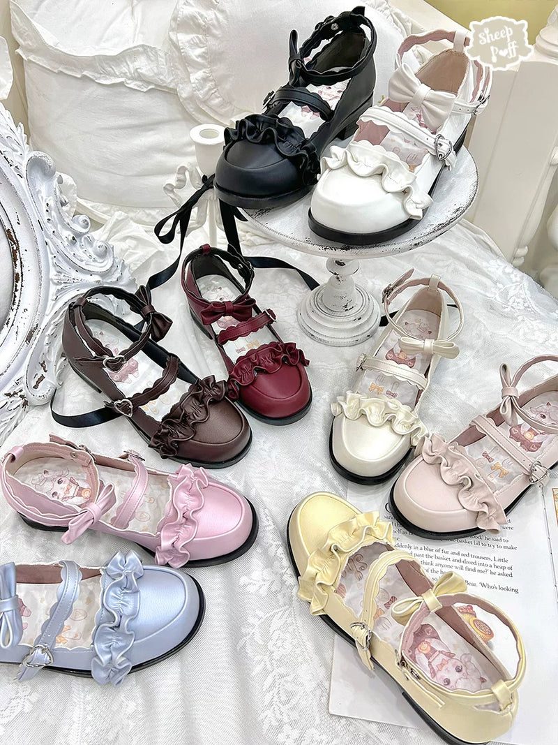 Sheep Puff Melulu Satin Lolita Shoes featuring a soft satin finish and decorative puff details, stylish and elegant footwear.