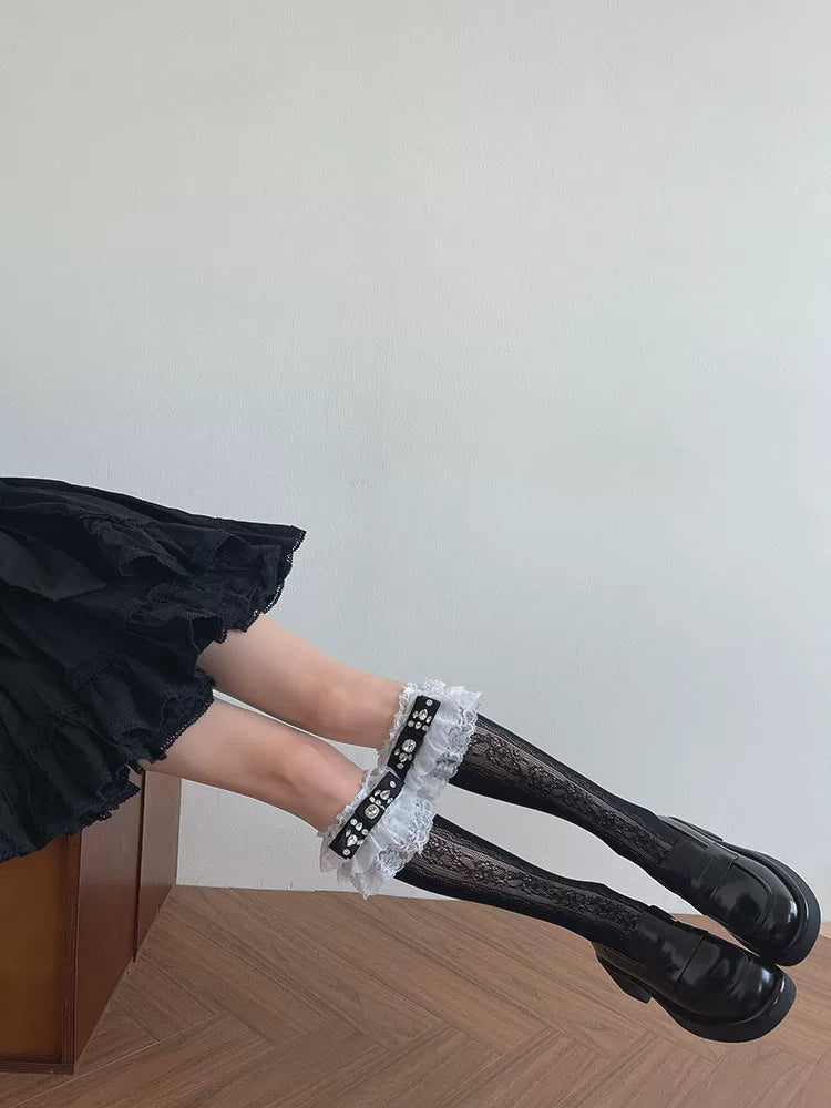 Sock Noble - Midnight Sparkle - Black Lace Mid-Calf Socks with Rhinestone Bow