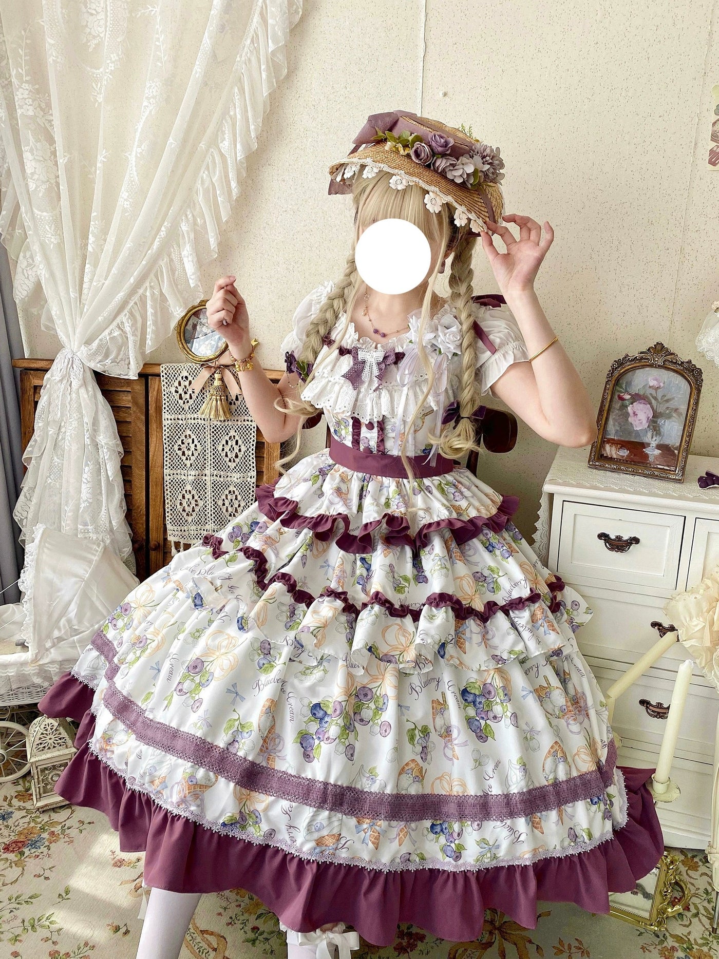 Qianmu - Blueberry Midsummer - Country Lolita Tiered JSK, Blueberry Print