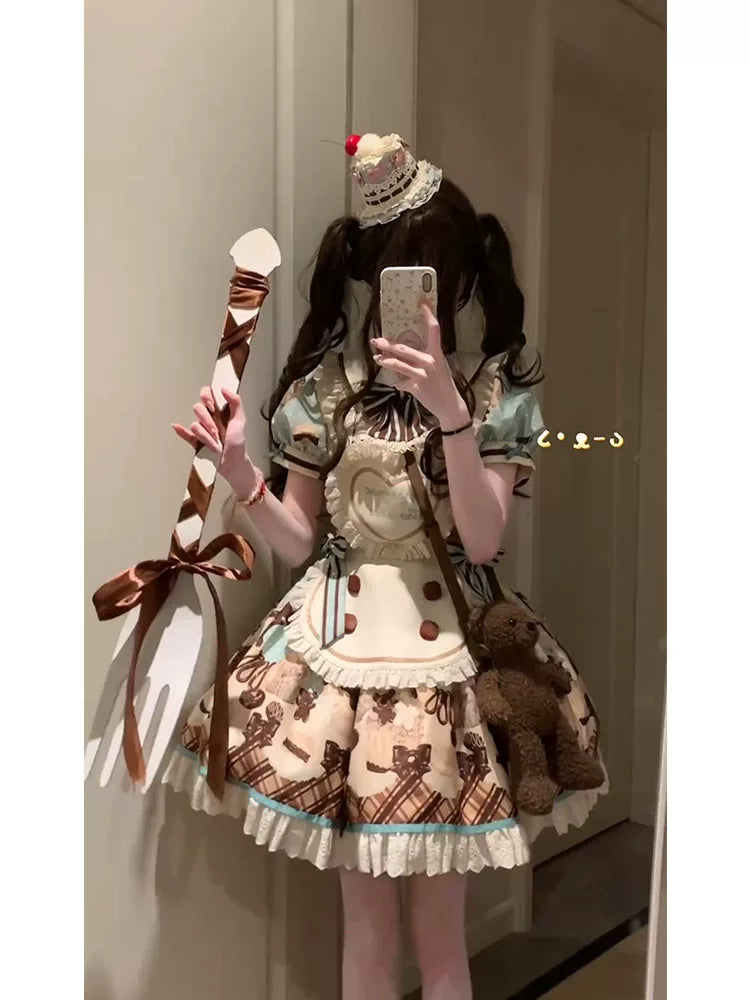 White Sugar Girl sweet lolita OP dress set with confectionery print, puffed sleeves, apron, and matching petticoat