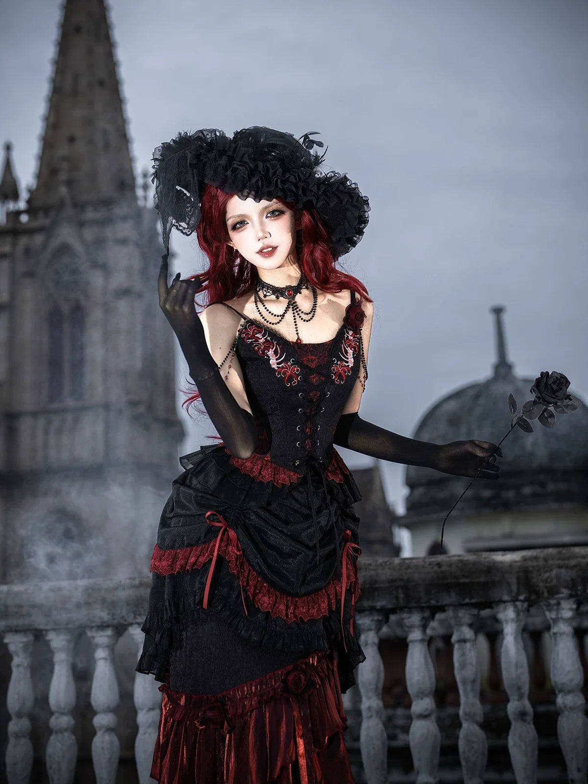 Your Princess - Bone Rot Bloom - Gothic Lolita Embroidered Camisole & Drawstring Lift-up Hem Skirt