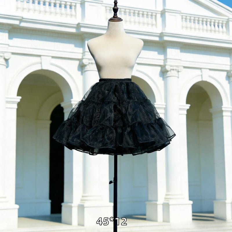 Floral Celebration Black Short Hoop-Free Lolita Petticoat — 45 × 12 m Fullness - No Drawstring