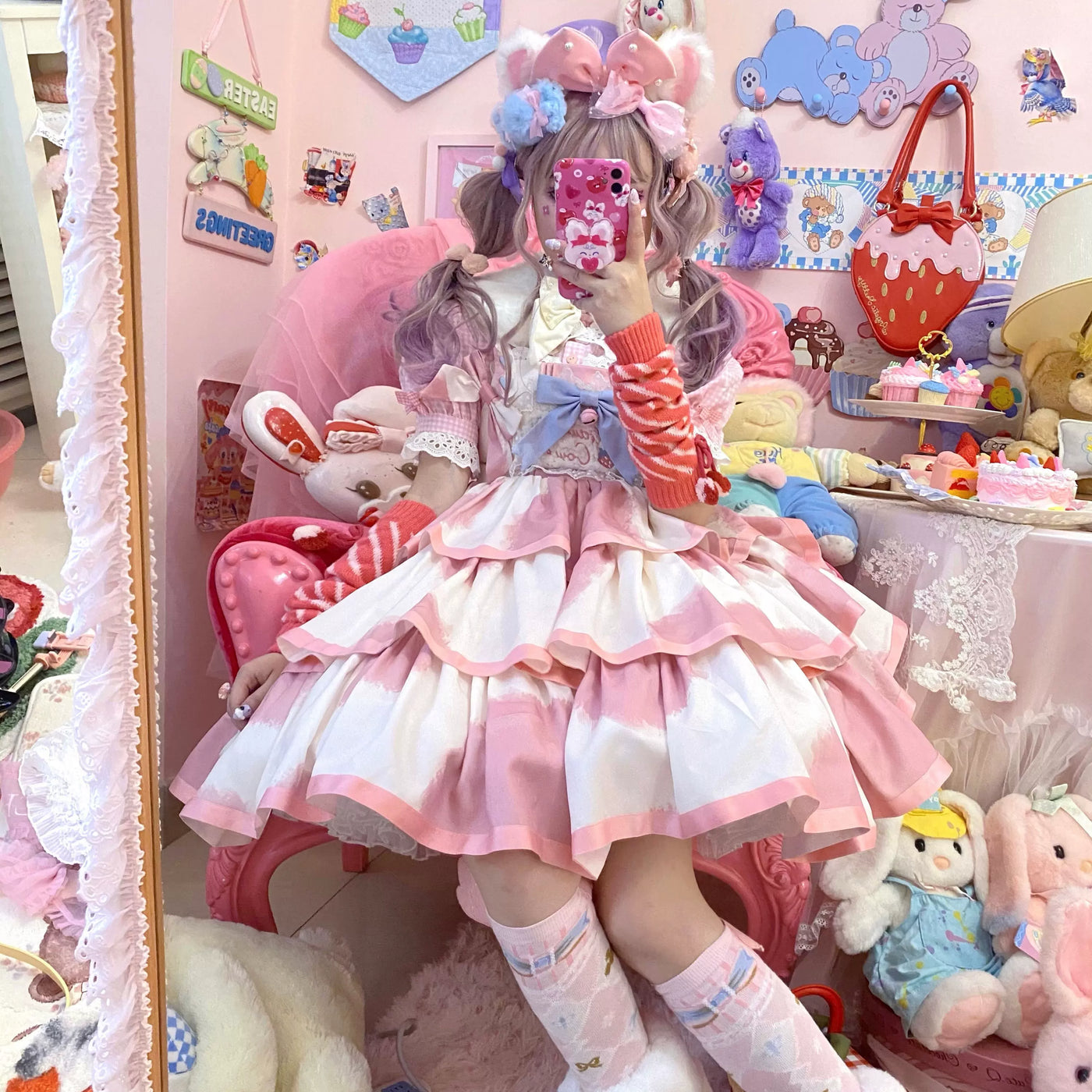 Tata Long Ear - Milk Cake Cow Print - Cow-Print JSK Dress with Three-Section Skirt
