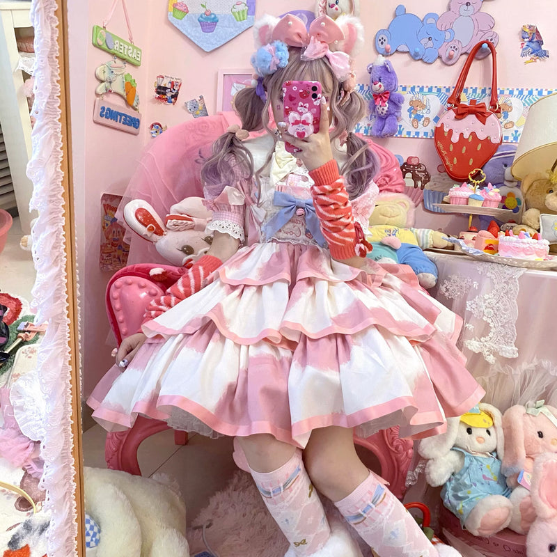 Tata Long Ear - Milk Cake Cow Print - Cow-Print JSK Dress with Three-Section Skirt
