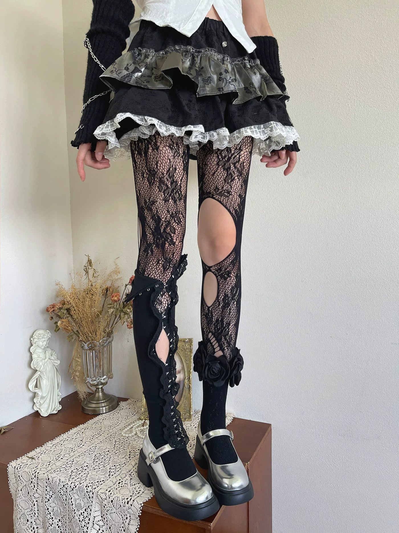 Sock Noble - Camellia Noir - Black socks with lace openwork and buttoned details