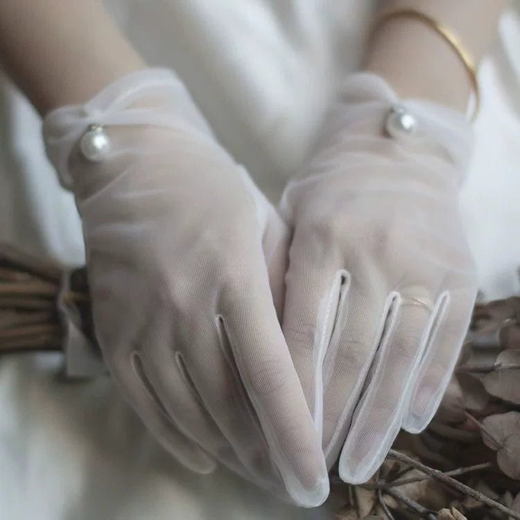 Fantasy Doll - Pearl Bridal - White or Black Mesh Gloves with Pearl Details