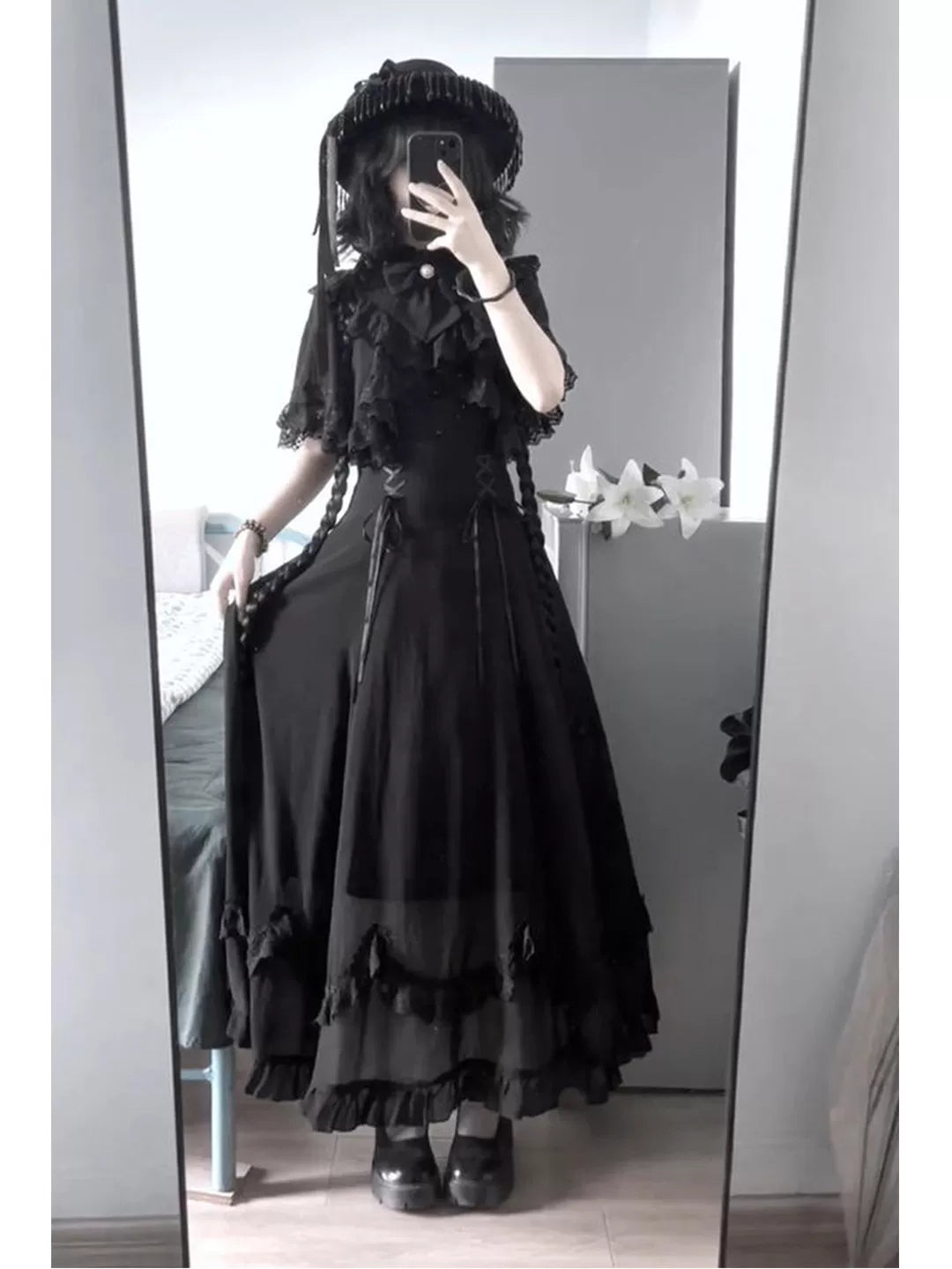 Creamy - Black Lace Cape - Long Dress with Lace Cape Overlay