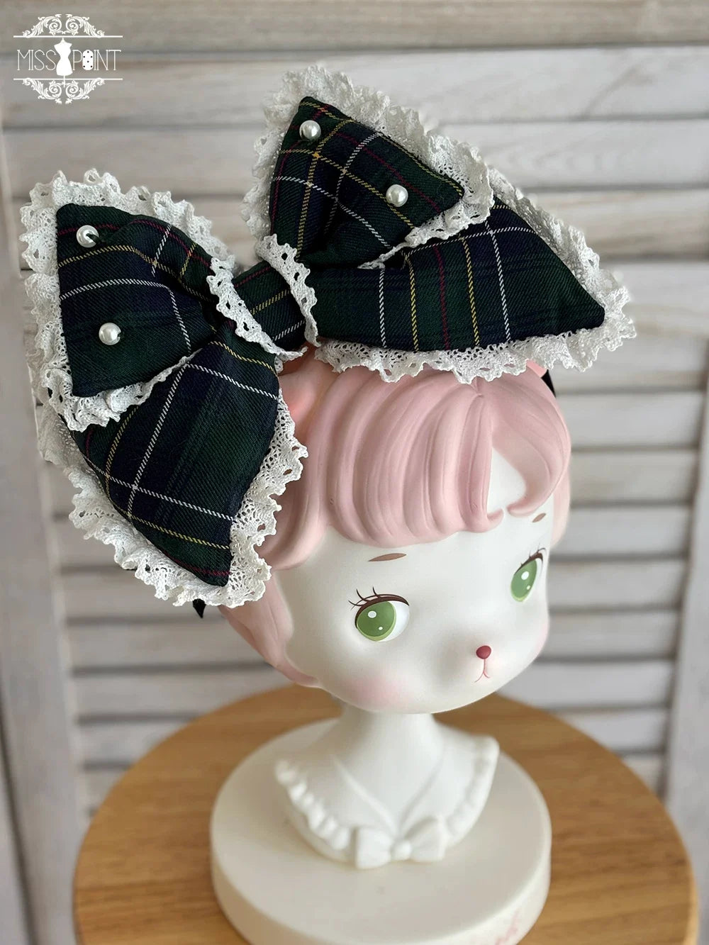 Miss Point - Plaid Petal Bunny - Old School Lolita Bunny Ear Headdress, Bear Ear Apron