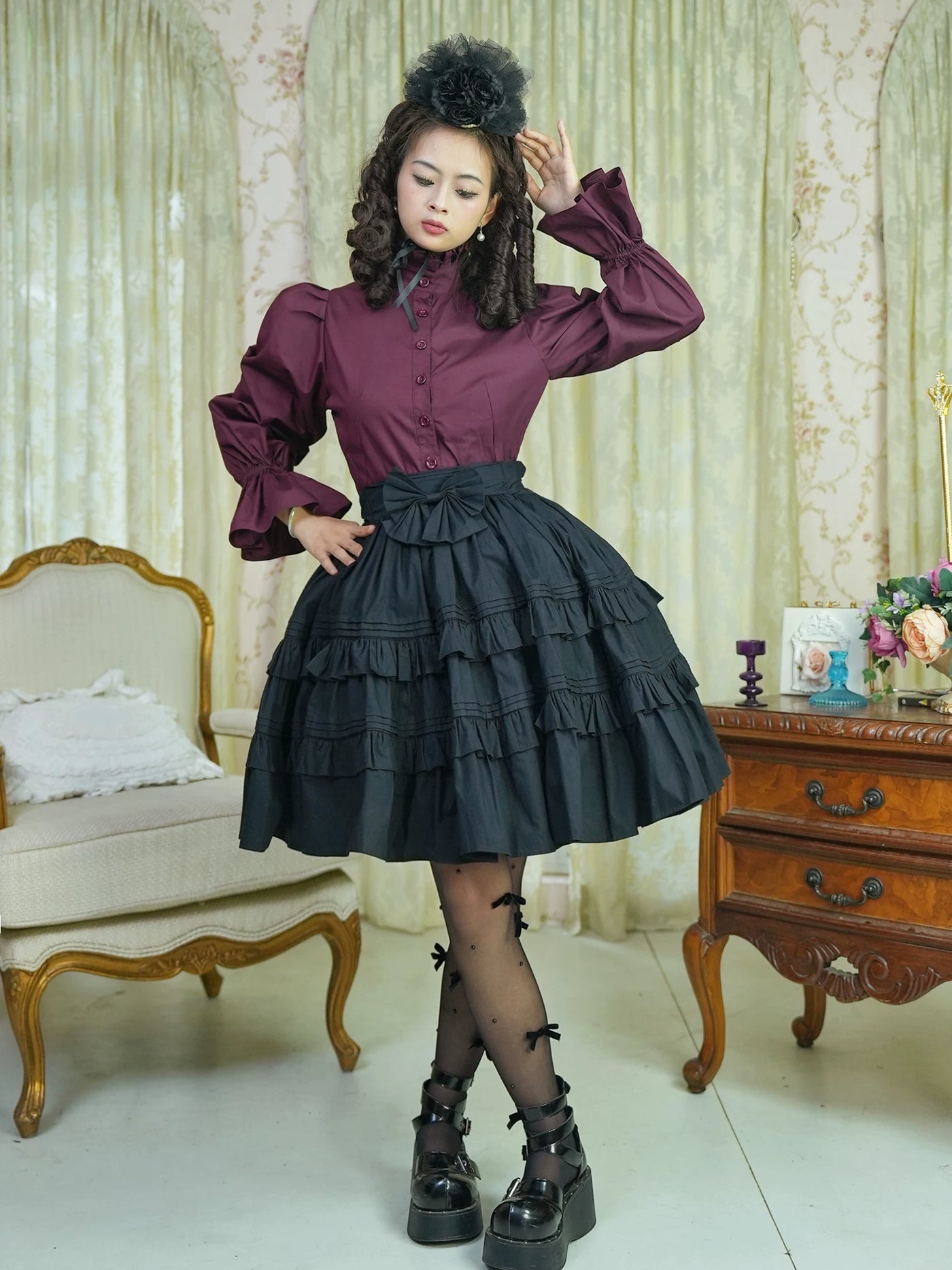 LACE GARDEN - Dark Chamber Rose - 360-Degree Full-Circle Ruffle Skirt