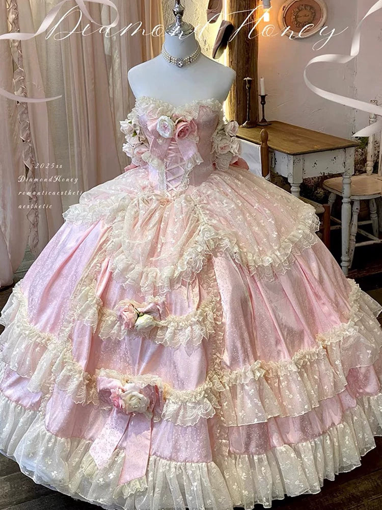 Flora Muse - Floral Lolita Ball Gown - Pink strapless