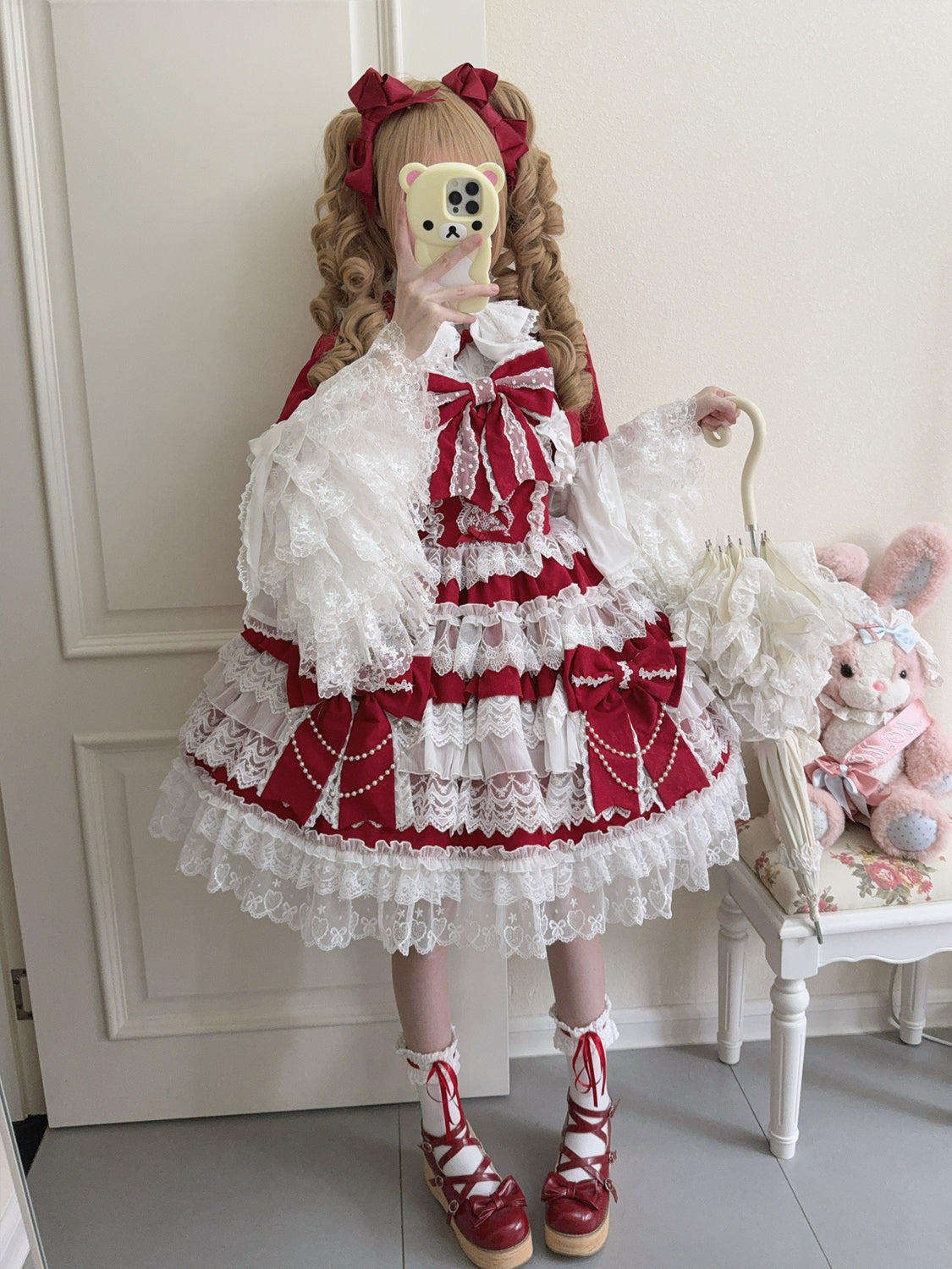 Hanguliang - Cross Heart Knot - Sweet Lolita JSK Suit Tiered Ruffles Dress, Lace Blouse