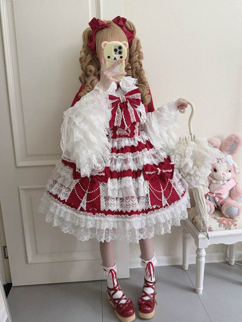 Hanguliang - Cross Heart Knot - Sweet Lolita JSK Suit Tiered Ruffles Dress, Lace Blouse