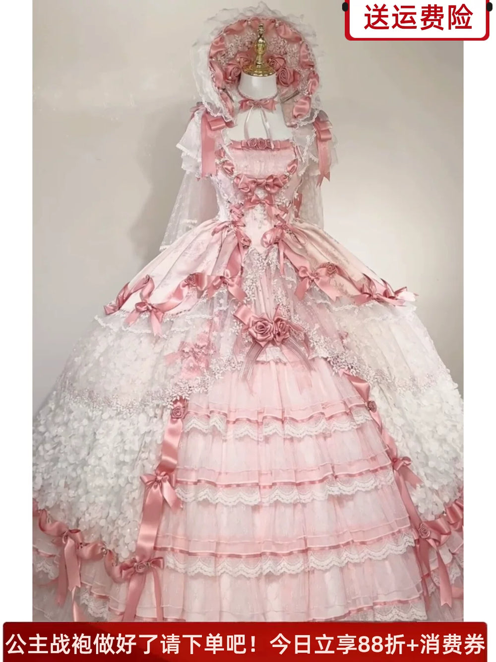 Blush pink Sweet Lolita formal gown displayed on mannequin