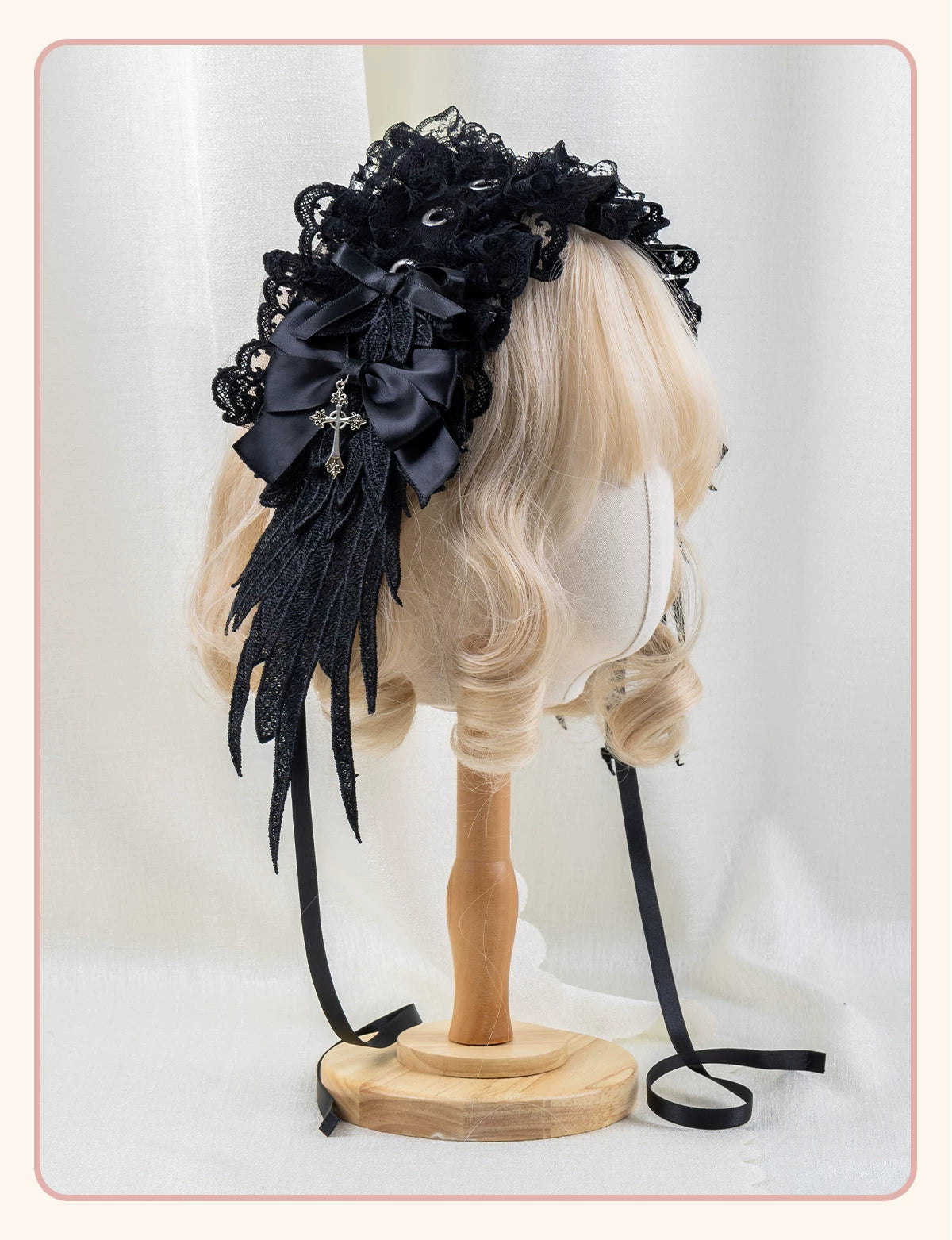 Stardust Rose - A035 Black Lace - Black Lace Headwear and Hand Sleeves with Ribbon Bows