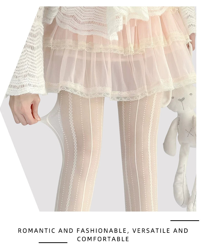 Sheer vertical-stripe pantyhose shown in the milk-white colorway beneath a skirt.