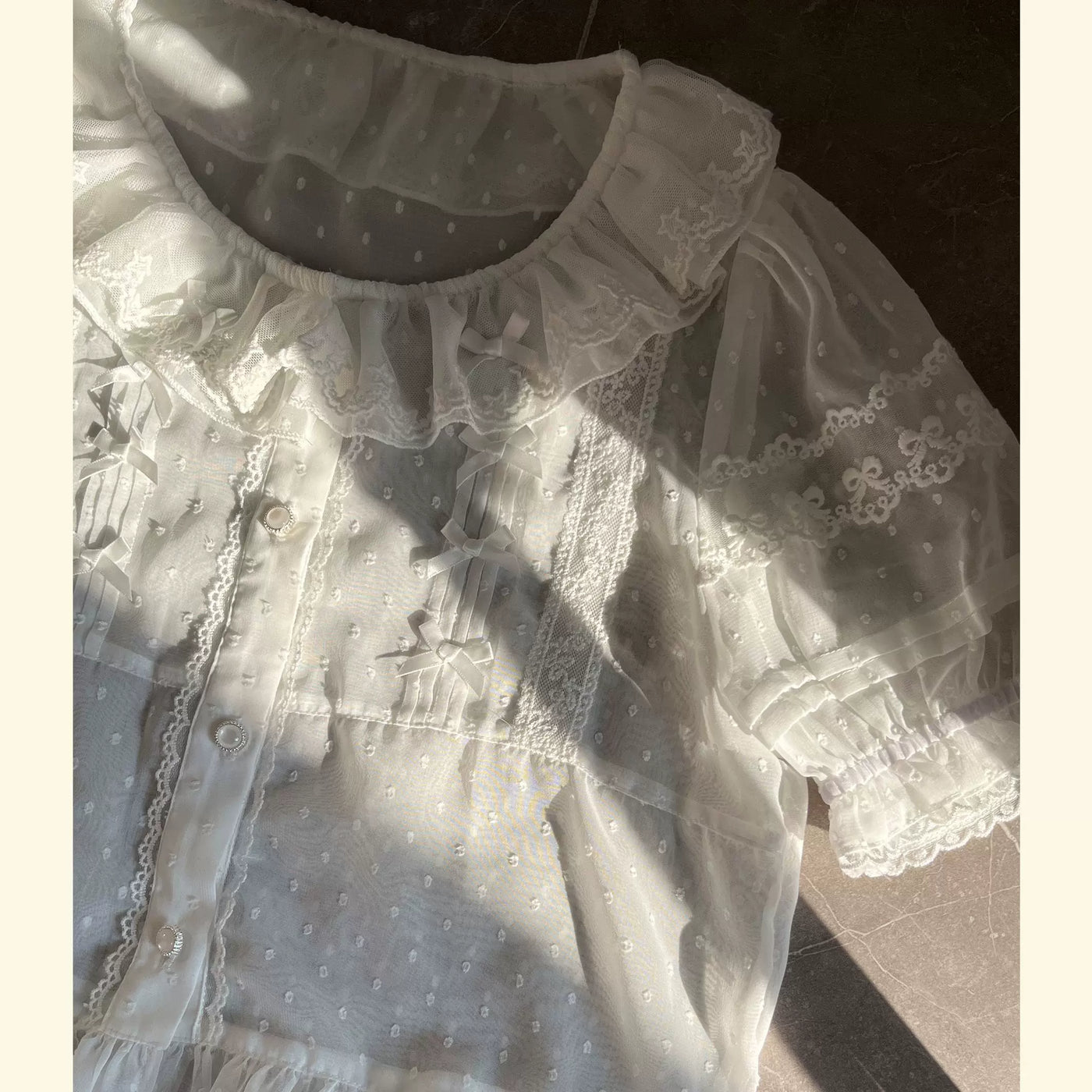 Sweetheart Dream Machine - Embroidered Dot Blouse - White or Ecru Lolita Blouse with Lace Ruffles and Bow Ties