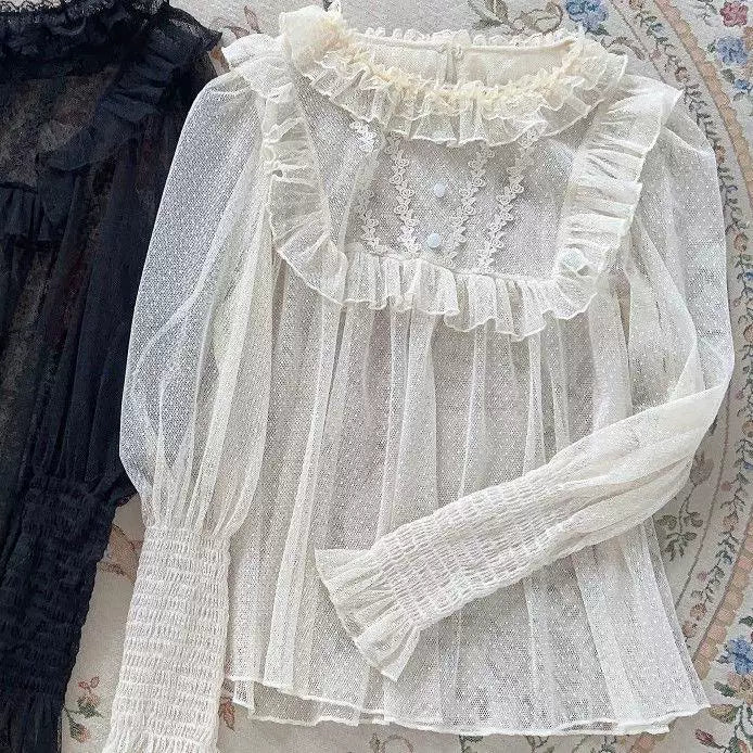 Sweetheart Dream Machine - Vintage Mesh - Long-sleeve blouse with ruffled mesh and leg-of-mutton sleeves