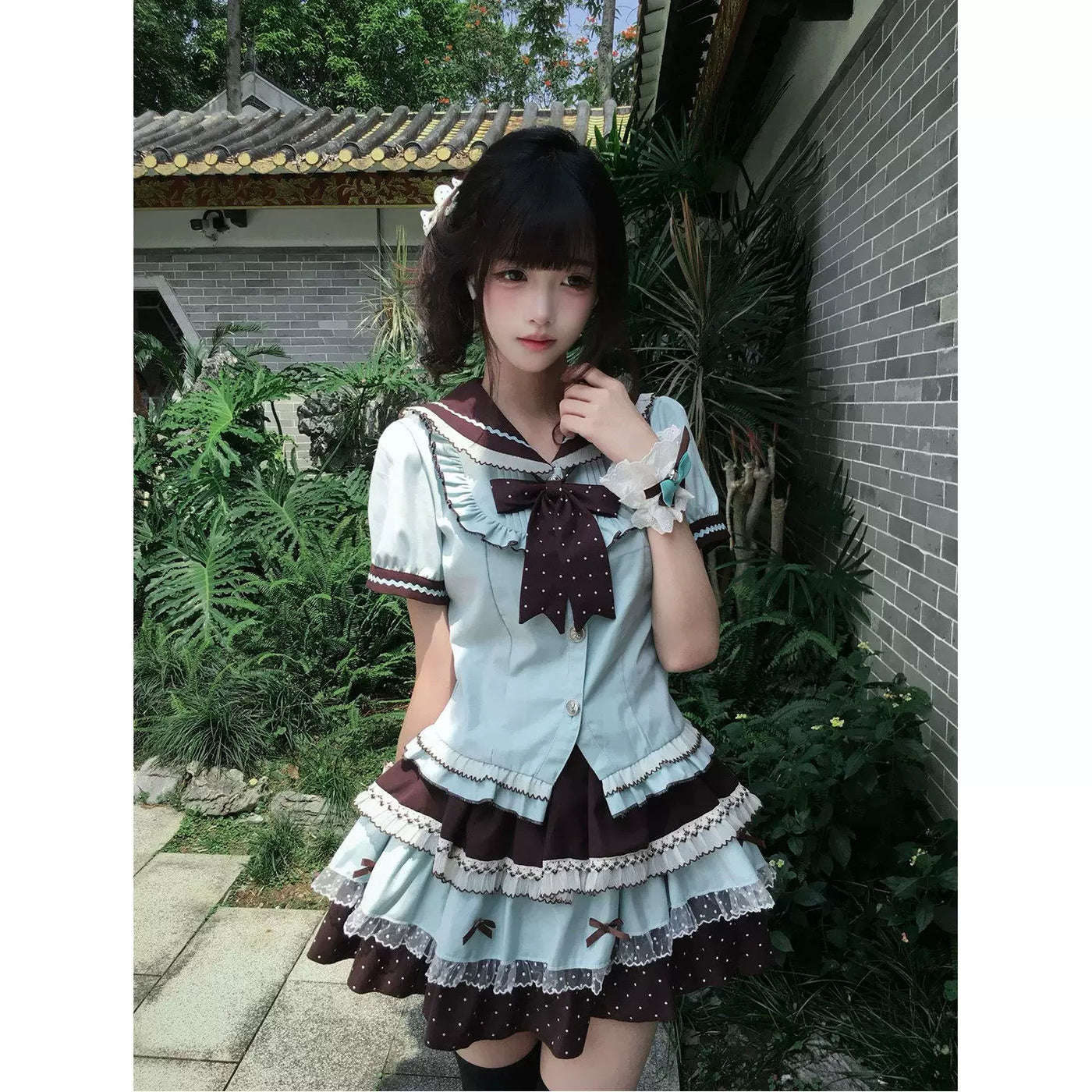 Creamy - Academy Bow - Top and short skirt set with a sailor collar and bow