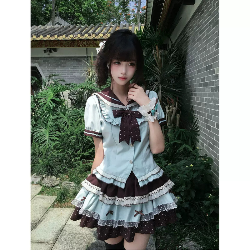 Creamy - Academy Bow - Top and short skirt set with a sailor collar and bow