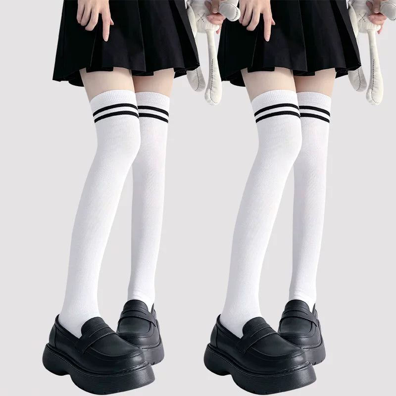 Floral Milk Cat - Double Stripe - Cotton Over-the-Knee Socks with Contrast Double Stripes