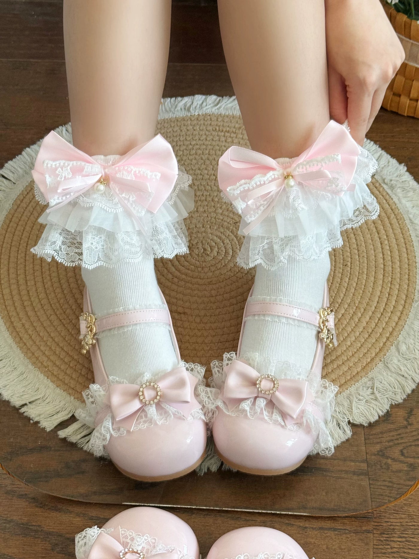 Fantasy Doll - Pearl Bow Lace - Mid-Calf Socks with Lace Ruffles