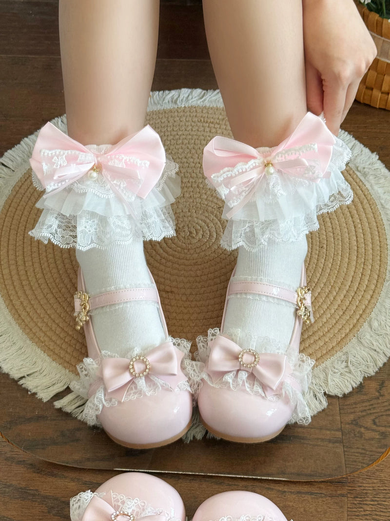 Fantasy Doll - Pearl Bow Lace - Mid-Calf Socks with Lace Ruffles
