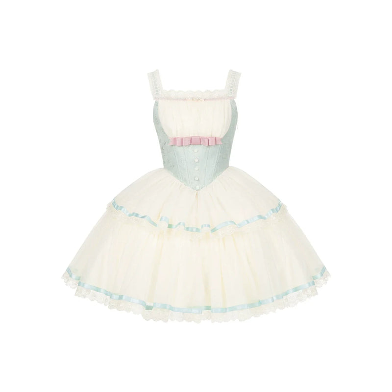 Sea Salt Soda - Classic Lolita Adjustable Corset JSK Dress, Tiered Tulle Hem (L M S) 45257:856380