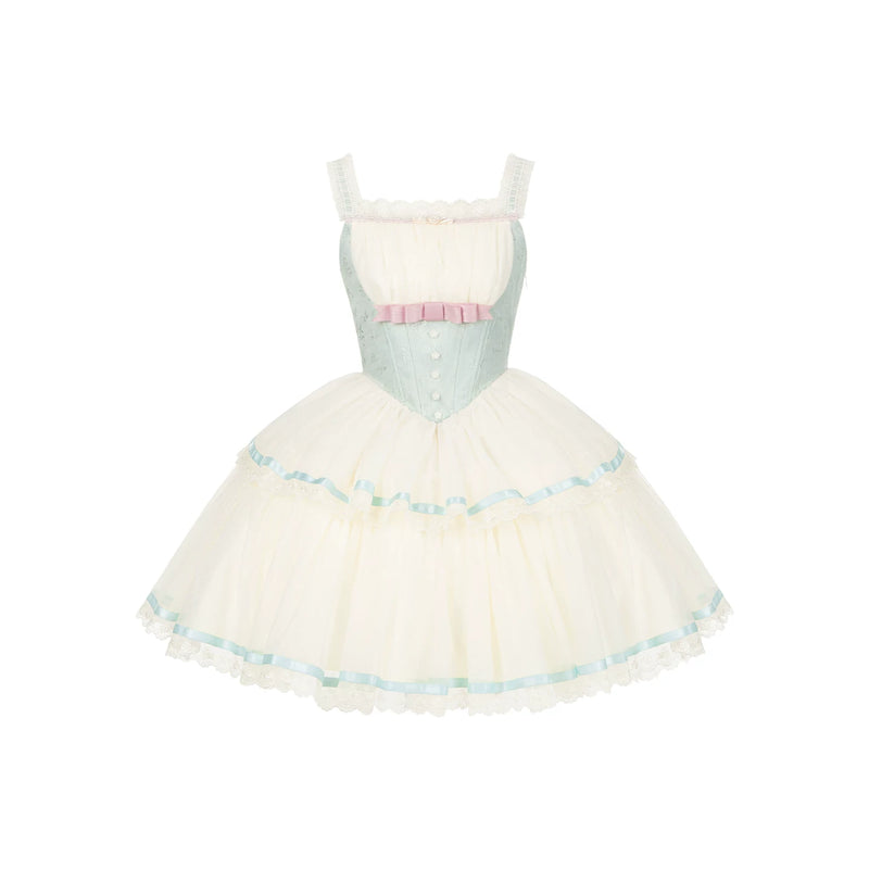 With PUJI - Sea Salt Soda - Classic Lolita Adjustable Corset JSK Dress, Tiered Tulle Hem detail view 10