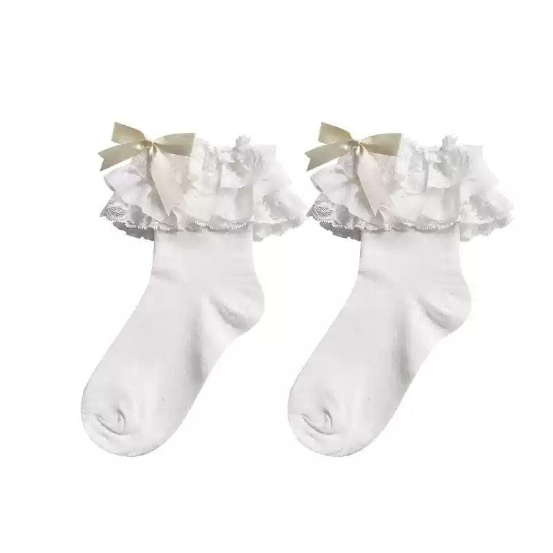 WAGUIR - Cotton Lolita Bow Socks with - Layered Lace Trim Socks
