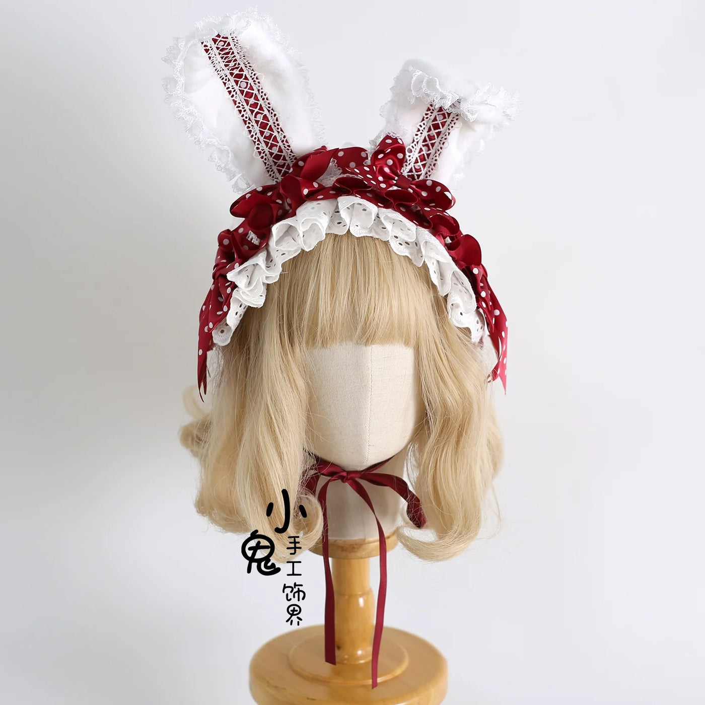 Xiaogui - Sweet Lolita Polka Dot Lace Hairband - Shapeable Bunny Ears Headwear