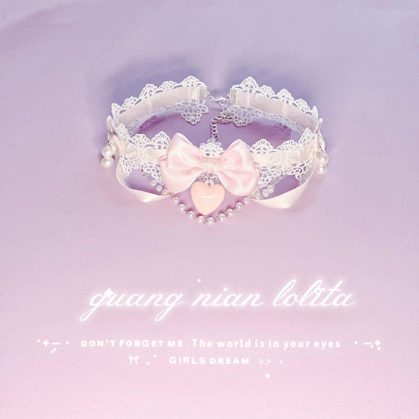 White lace choker necklace with a pink bow, pearl details, and a heart pendant on a lavender background