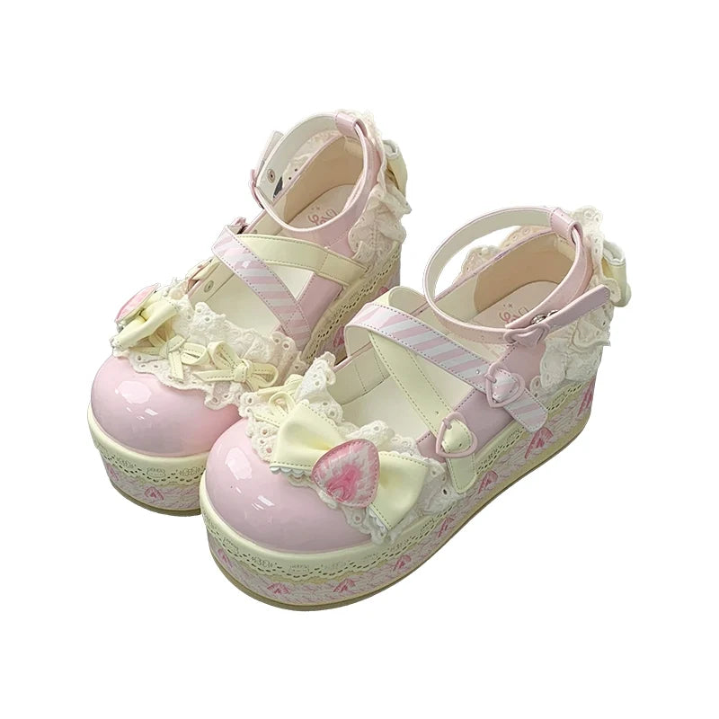 Pink and cream Aimee Sweet Lolita platform shoes with strawberry cake print